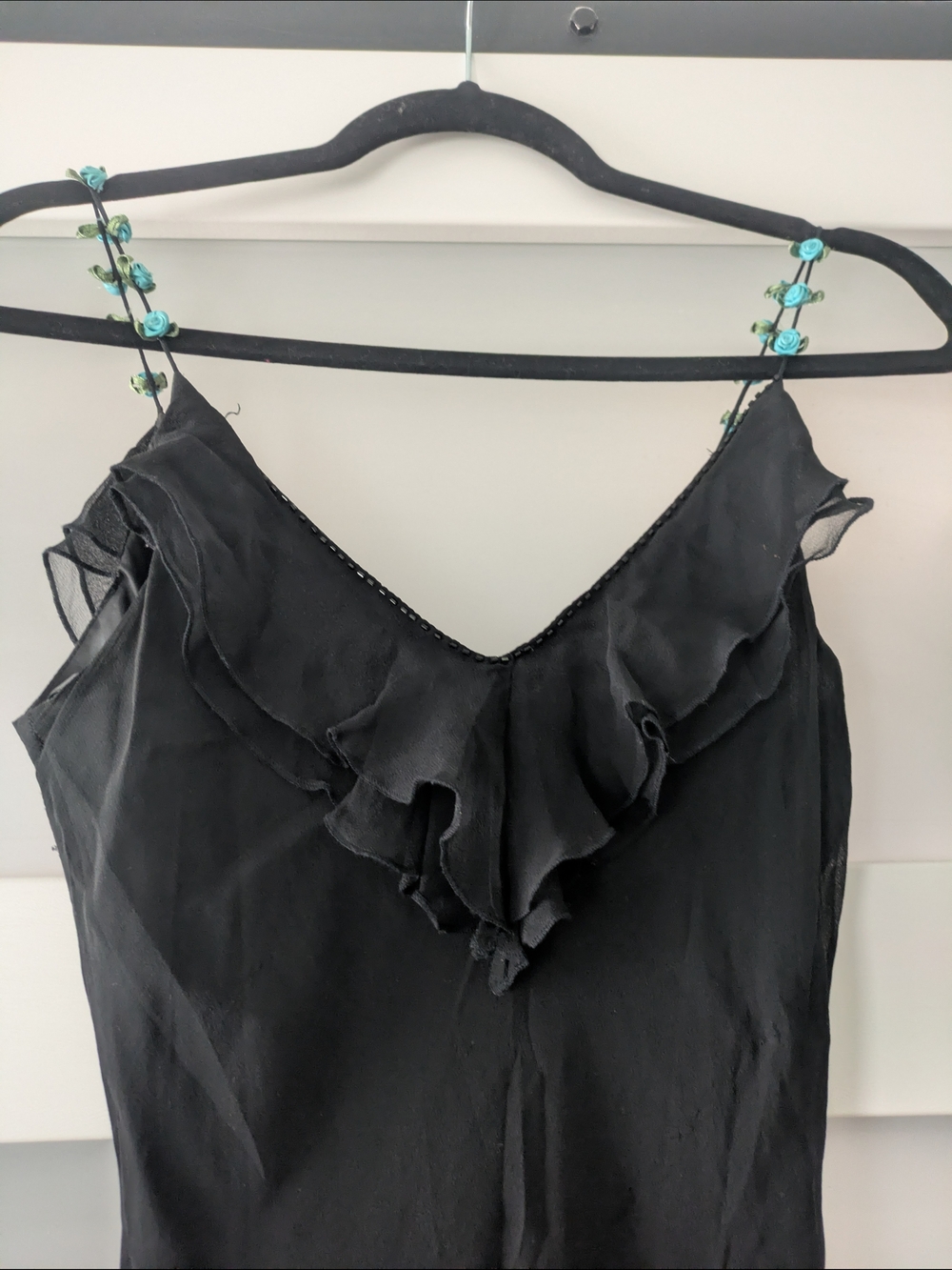Mixit Black Asymmetrical Ruffle Slip Dress with Teal Bead Accents - Picture 3 of 6